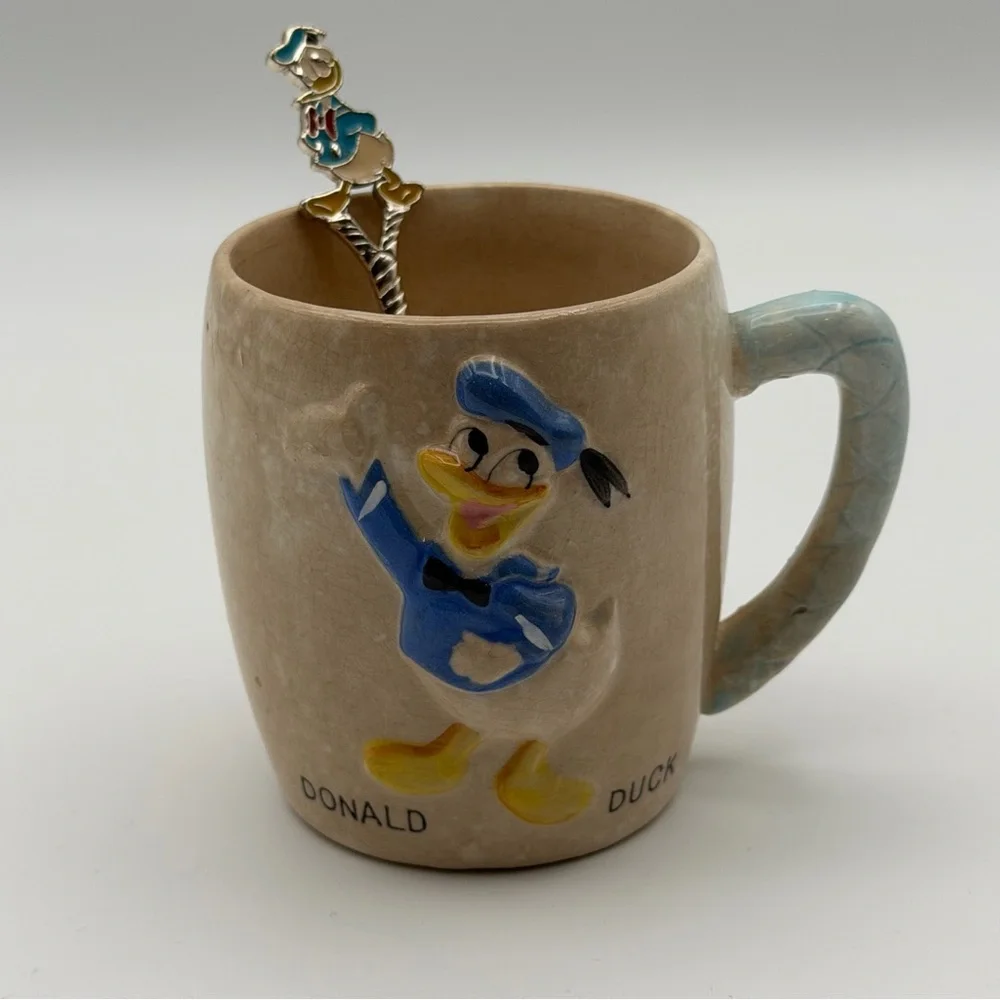 Vintage Walt Disney‎ Productions Donald Duck Ceramic Mug & Enamel Spoon Set